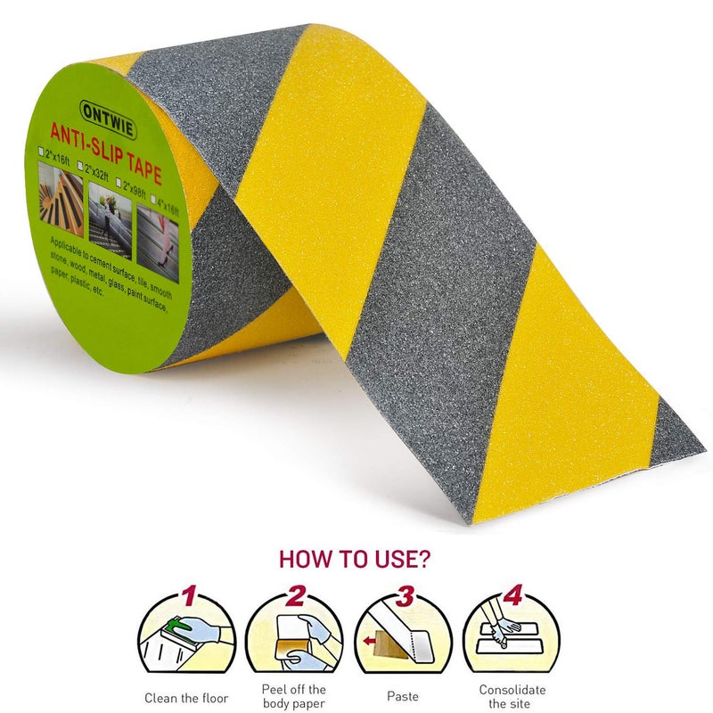 ONTWIE 4 Inch X 16.4ft Non Slip Safety Grip Tape for Stairs Steps Non Skid Tread High Traction Friction/Strong Grip Abrasive Adhesive Hazard Caution Tape- Black/Yellow - Image 2